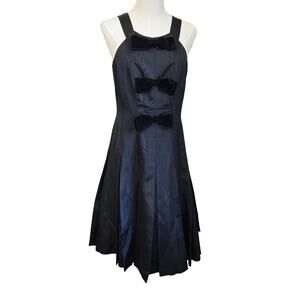 David Meister Vtg 90s Retro Classic Black Taffeta Velvet Bow Black Midi Dress 8